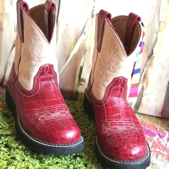 Ariat Shoes - ARIAT FATBABY Candy Apple Red Cream Shaft Faux REPTILE Country Western Boots 9.5